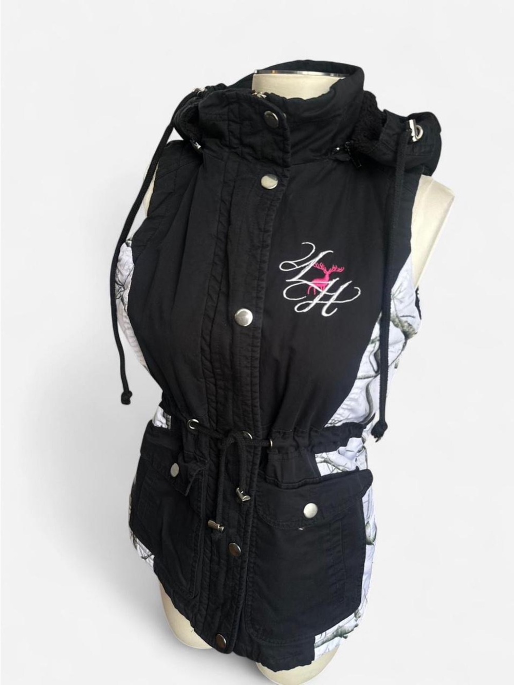 Legacy Huntress Black Quilted Hooded Vest Soft Lining with Embroidered Logo